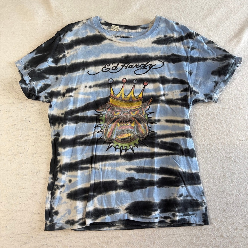 Ed Hardy T Shirt Mens L Blue Tie Dye Bulldog Crown Graphic Art For Life
